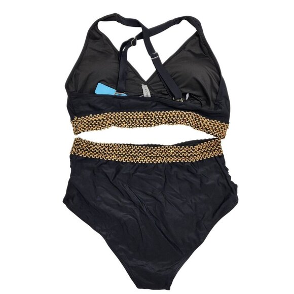 Black Gold High-Waisted Bikini Strappy Back Crochet Waist Detail SZ 16W Womens - Picture 4 of 6